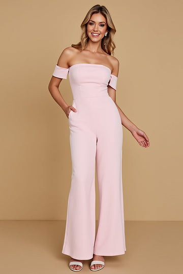 Off The Shoulder Chiffon Pink Bridesmaid Jumpsuit
